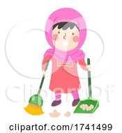 Poster, Art Print Of Kid Girl Muslim Sweeping Floor Illustration