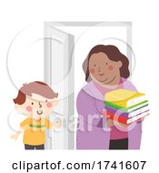 Poster, Art Print Of Kid Boy Hold Door Teacher Books Illustration
