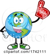 Poster, Art Print Of Happy Earth Globe Mascot Character Wearing A Foam Finger