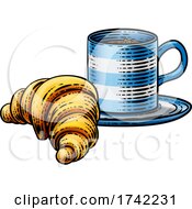 Poster, Art Print Of Croissant And Coffee Tea Cup Mug Woodcut