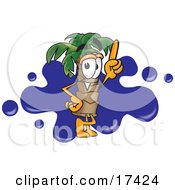 Clipart Picture Of A Palm Tree Mascot Cartoon Character Pointing Upwards And Standing In Front Of A Blue Paint Splatter On A Travel Business Logo
