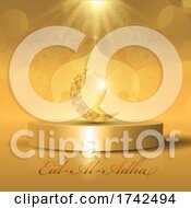 Poster, Art Print Of Eid Al Adha Background With Golden Crescent And Moque Silhouette On Display Podium