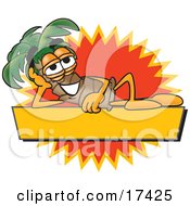 Poster, Art Print Of Palm Tree Mascot Cartoon Character Over A Blank Yellow Business Label With An Orange Burst