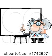 Science Professor Albert Einstein Character Holding Up A Finger By A Whiteboard