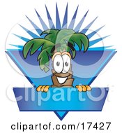 Poster, Art Print Of Palm Tree Mascot Cartoon Character Over A Blank Blue Business Label With A Burst