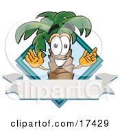 Clipart Picture Of A Palm Tree Mascot Cartoon Character Over A Blank Banner On A Travel Business Label Logo by Toons4Biz
