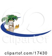 Poster, Art Print Of Palm Tree Mascot Cartoon Character Waving And Standing Behind A Blue Dash On An Employee Nametag Or Business Logo