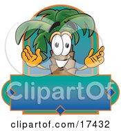 Clipart Picture Of A Palm Tree Mascot Cartoon Character Over A Blank Business Label by Toons4Biz