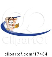 Poster, Art Print Of Pizza Mascot Cartoon Character Waving And Standing Behind A Blue Dash On An Employee Nametag Or Business Logo