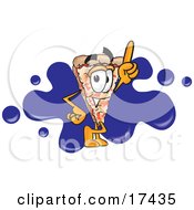 Clipart Picture Of A Slice Of Pizza Mascot Cartoon Character Pointing Upwards And Standing In Front Of A Blue Paint Splatter On A Business Logo by Toons4Biz