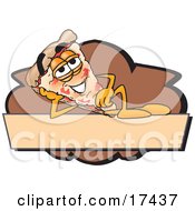 Poster, Art Print Of Pizza Mascot Cartoon Character Reclining On A Blank Tan And Brown Label