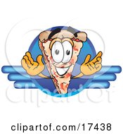 Clipart Picture Of A Slice Of Pizza Mascot Cartoon Character On A Blue Business Logo by Toons4Biz