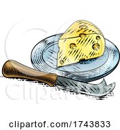 Poster, Art Print Of Wedge Of Swiss Cheese Knife Vintage Woodcut Style
