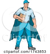 Worker As A Superhero Wearing A Cape And Holding A Clipboard Standing Viewed From Front Cartoon Style