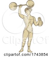 Poster, Art Print Of Vintage Circus Strongwoman Female Or Lady Strongman Lifting Barbell On One Hand And Kettlebell In Etching Engraving Style