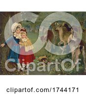Poster, Art Print Of Two Girls Scared And Meeting Deer For The First Time In The Forest