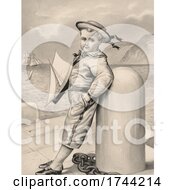 Poster, Art Print Of Little Boy Dressed As A Sailor Holding A Toy Sailboat And Leaning Against A Mooring Bollard On A Pier