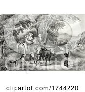 Poster, Art Print Of Oxen Pulling People In A Wagon On A Hay Farm