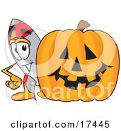 Rocket Mascot Cartoon Character With A Carved Halloween Pumpkin