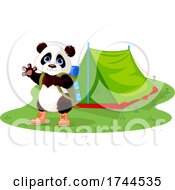 Cute Panda Waving And Wearing A Backpack By A Tent