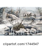 Poster, Art Print Of Moose Thinly Escaping The Hunt Of Wolves By Falling Through An Icy Lake