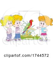 Poster, Art Print Of Children Admiring A Scarlet Macaw Parrot