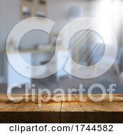 3D Old Wooden Table Looking Out To A Defocussed Lounge Interior With Sun Rays
