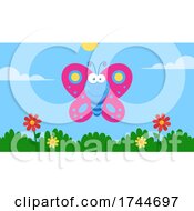 Poster, Art Print Of Happy Blue And Pink Butterfly And Flowers