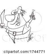 Cartoon Black And White Peg Leged Pirate With A Pistol And Sword