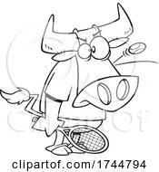 Poster, Art Print Of Cartoon Outline Bull Playing Tennis With A Ball Bouncing Off Of His Head