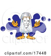 Salt Shaker Mascot Cartoon Character Standing In Front Of A Blue Paint Splatter On A Business Logo