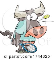 Poster, Art Print Of Cartoon Bull Playing Tennis With A Ball Bouncing Off Of His Head