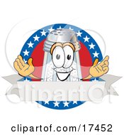 Clipart Picture Of A Salt Shaker Mascot Cartoon Character Over A Blank White Banner On An American Themed Logo by Toons4Biz