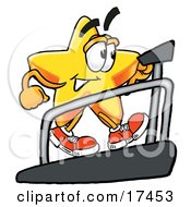 Star Mascot Cartoon Character Walking On A Treadmill In A Fitness Gym