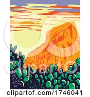Poster, Art Print Of Prickly Pear Cactus With Red Butte In Tucson Mountains Located Within The Saguaro National Park In Arizona Wpa Poster Art
