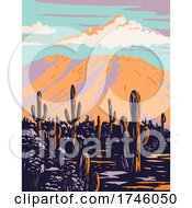 Poster, Art Print Of Saguaro Cactus With Wasson Peak In Tucson Mountains Located Within The Saguaro National Park In Arizona Wpa Poster Art