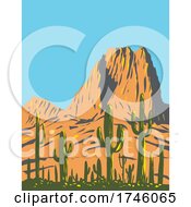 Poster, Art Print Of Saguaro Cactus With Beehive Peak In Tucson Mountains Located Within The Saguaro National Park In Arizona Wpa Poster Art