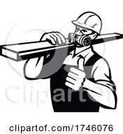 Poster, Art Print Of Carpenter Wearing Wearing Mask Respirator Gas Vapor Cartridges Carrying Lumber With Thumbs Retro Style