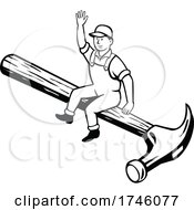 Poster, Art Print Of Carpenter Builder Or Handyman Sitting On A Hammer Waving Hello Done In Retro Cartoon Style
