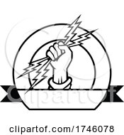 Poster, Art Print Of Electrician Hand Holding Lightning Bolt Set Inside Circle With Ribbon In Front Black And White Icon Retro Style