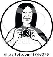 Poster, Art Print Of Female Photographer Holding A Dslr Camera Smiling Viewed From Front Set Inside Circle Black And White Retro Style