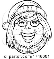 Poster, Art Print Of Head Of Girl Wearing Santa Hat And Scarf Smiling And Singing Christmas Carol Viewed From Front In Mono Line Black And White Retro Style