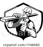 Poster, Art Print Of Carpenter Wearing Particulate Respirator Carrying Lumber With Thumbs Up Set In Shield Retro Style