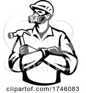 Poster, Art Print Of Builder Carpenter Wearing Mask Respirator Gas Vapor Cartridges Arms Crossed Holding Hammer Retro Retro Style