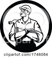 Poster, Art Print Of Builder Carpenter Wearing N95 Particulate Respirator With Arms Crossed Holding Hammer Inside Circle Retro Style