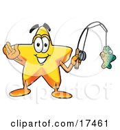 Star Mascot Cartoon Character Holding A Fish On A Fishing Pole