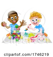 Poster, Art Print Of Cartoon Boys Playing With Blocks And Painting