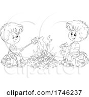 Dog And Boys Roasting Food At A Campfire