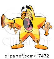 Clipart Picture Of A Star Mascot Cartoon Character Screaming Into A Megaphone