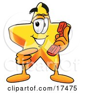 Star Mascot Cartoon Character Holding A Telephone
